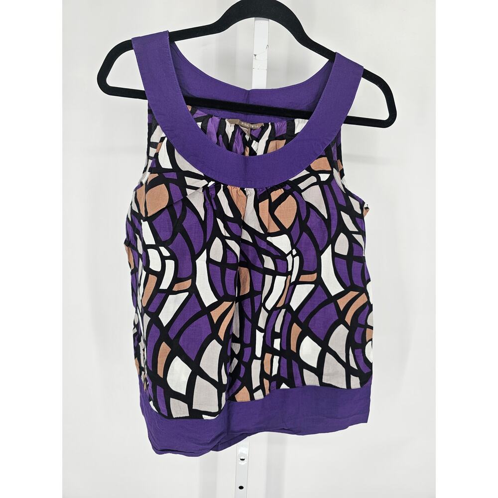 Pink Twill Womens Sz L Sleeveless Blouse Purple Tan Stained Glass Print